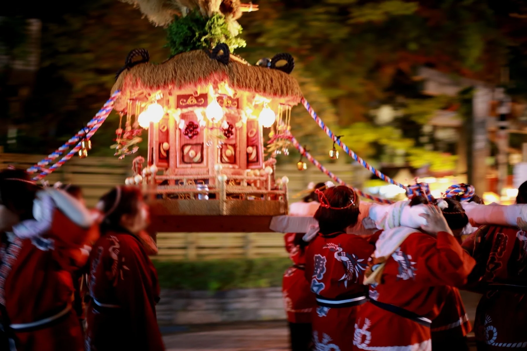 夜の道を女性が豊年野菜神輿を担いで進む様子